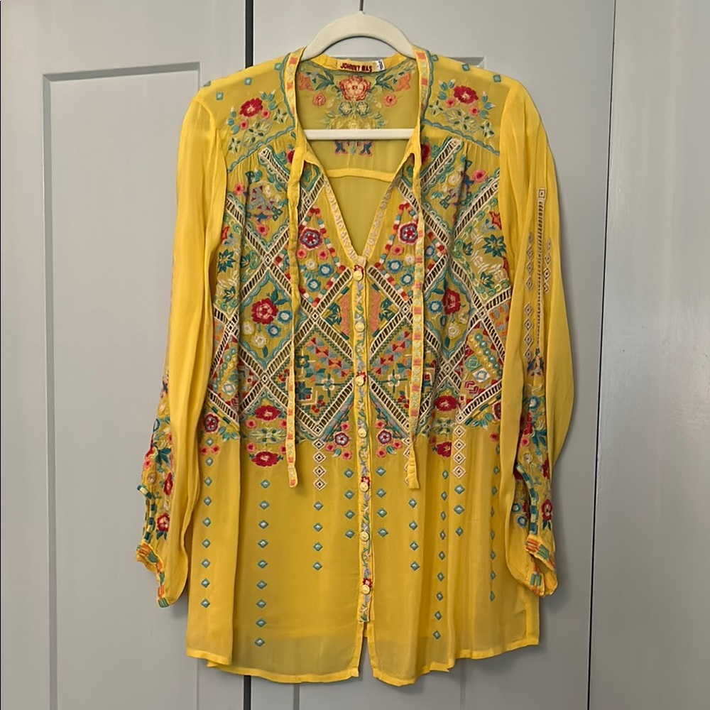 Johnny Was Yellow Embellished Blouse with Graphic Details